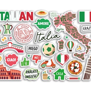 A5 Sticker Sheet Italian Vinyl Stickers - Italy Italian School Book Flag Map Landmarks Students Project Travel Holiday Scrapbook #81079