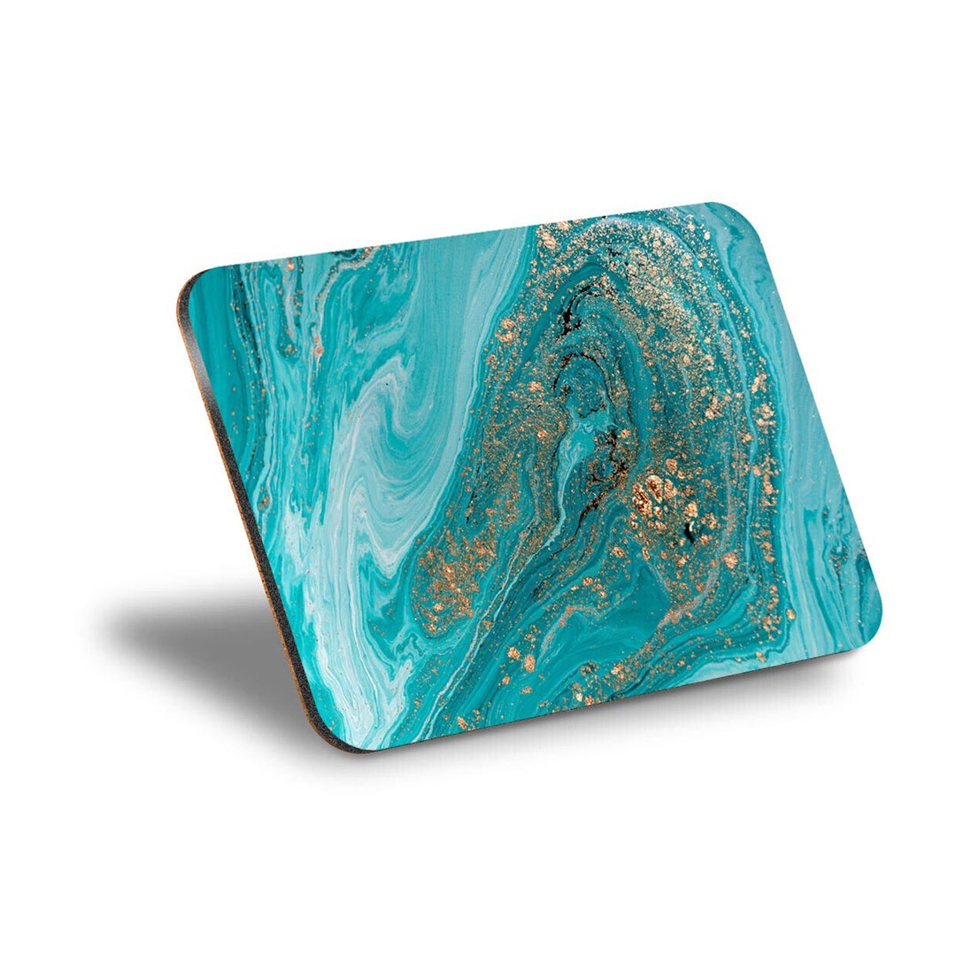 MDF Cork Placemat Turquoise Marble Effect Gold Glitter Ooze Ink Art