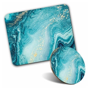 May include: A set of two teal blue and gold coasters with a marbled design. The larger coaster is rectangular and the smaller coaster is round.