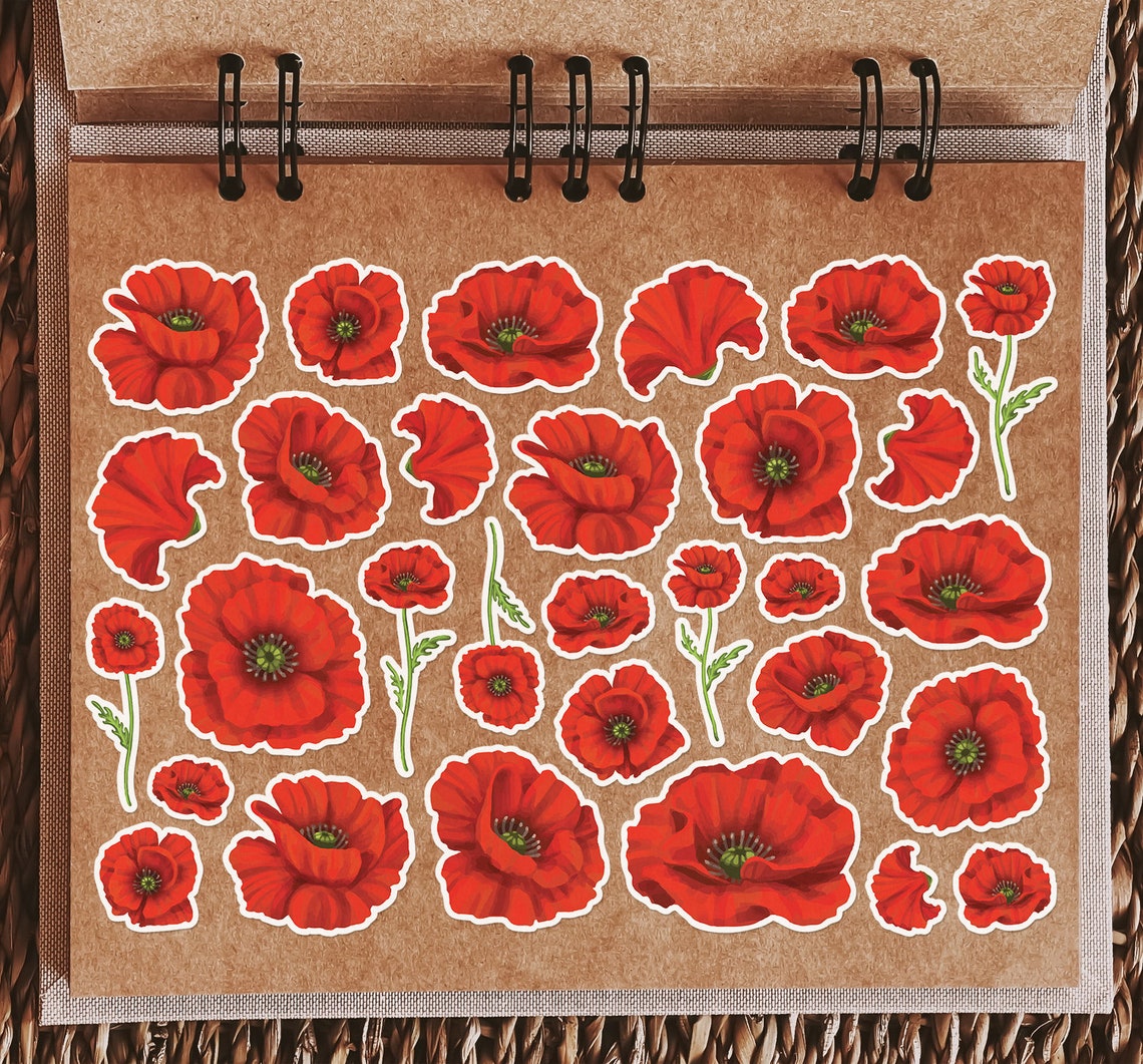 A4 Sticker Sheet Poppy Vinyl Stickers - Poppies Flowers Floral ...