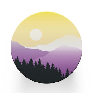 May include: A circular design depicting a mountain scene. The sky is a gradient of yellow and purple, with a white sun. Dark silhouettes of evergreen trees are at the base. The design is set against a white backdrop.
