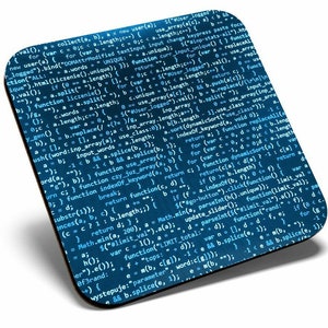 May include: A blue and white coaster featuring a pattern of computer code. The code is in a light blue font on a dark blue background.