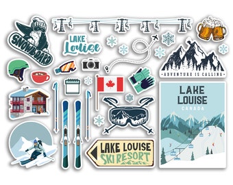 A5 Sticker Sheet Lake Louise Vinyl Stickers - Canada Ski Resort Mountains Hamlet Holiday Snow Travel Snow Sports Luggage Scrapbooking #79641