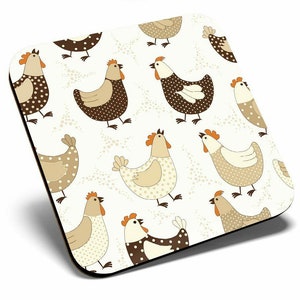 May include: A white coaster with a repeating pattern of brown and beige chickens with orange beaks and white polka dots.