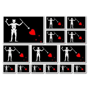 May include: A set of ten black and white pirate flag stickers featuring a skeleton holding a spear and a red heart. The flags are arranged in a grid pattern.