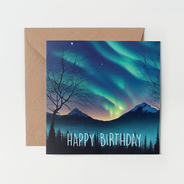 1 x cartão de felicitações - Feliz Aniversário Montanha Aurora Espaço Fantasia Arte Presente #0070