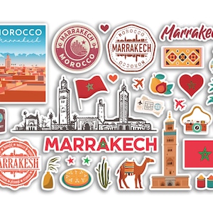 May include: A set of colourful stickers featuring Moroccan themes, including a cityscape, a mosque, a camel, a rug, a passport, a camera, and a palm tree. The stickers are perfect for decorating travel journals, laptops, water bottles, and more.