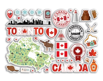 Puede incluir: Una colección de pegatinas coloridas con símbolos canadienses, que incluyen un mapa de Canadá, una hoja de arce, un castor, un faro, un alce, un tipi, una cámara, copos de nieve y las palabras "Toronto" y "Canadá".