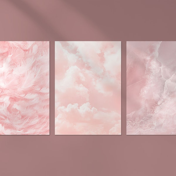 3 x Blush Pink Posters - Clouds Marble Trio of Prints Portrait Poster Artwork Art Feature Photo Decoration Wall Décor | A4 | A3 | Gift