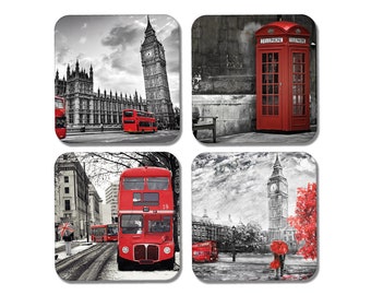 4 x Square London Coasters - Red Bus UK Landmarks Travel Drinks Living Room Bedroom Coaster Kitchen Bar New Home House Warming Gift #77912