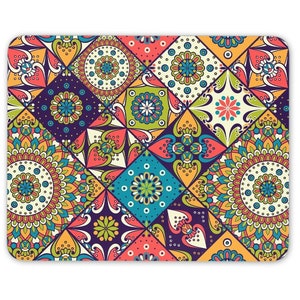 May include: A colourful mouse mat with a geometric pattern of squares and circles in shades of blue, green, yellow, orange, and red.