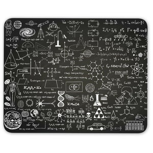 May include: A black chalkboard with white chalk drawings of various scientific formulas, diagrams, and symbols. The drawings include a human body, a DNA strand, a galaxy, a microscope, a beaker, and a car. The text on the chalkboard includes the formulas for the speed of light, the Pythagorean theorem, and the equation for the force of gravity.