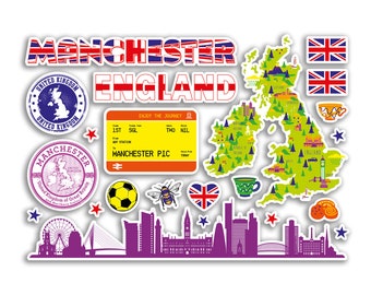 A5 Sticker Sheet Manchester Landmarks Vinyl Stickers - Rainbow Stamp Skyline Flag Map Travel Holiday City UK GB England Aesthetic #80569
