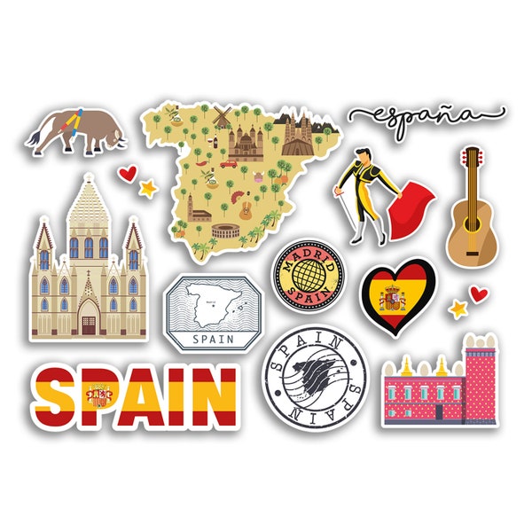 A5 Sticker Sheet Spain Landmarks Vinyl Stickers - Spanish Madrid Map Airport Stamps Skyline Flag Travel Holiday City Aesthetic #77545