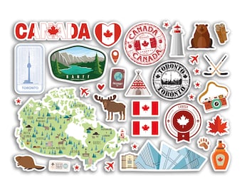 Puede incluir: Una colección de pegatinas coloridas con símbolos canadienses, incluyendo una hoja de arce, un castor, un faro, un alce, un mapa de Canadá y las palabras "Canadá" y "Toronto".
