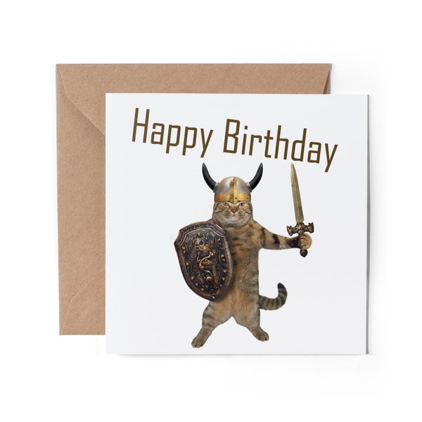 1 x Greeting Card - Happy Birthday Viking Cat Kitten Warrior Joke Dad Brother Boyfriend Husband Gift #71013