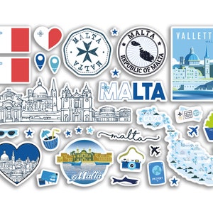 A5 Sticker Sheet Malta Blue Landmarks Vinyl Stickers - Maltese Map Airport Stamp Skyline Flag Travel Holiday City Country Aesthetic #80353