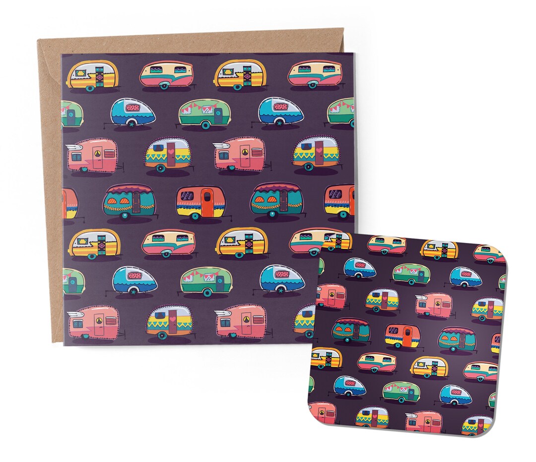 1 X Greeting Card & Coaster Set - Caravan Cartoon Camping Travel Animal ...