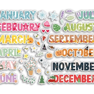May include: A set of colourful stickers featuring the months of the year, January through December. Each month is depicted in a different colour and style, with various decorative elements like snowflakes, hearts, bees, and leaves.