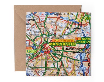 1 x Greeting Card - Manchester Map Travel Holiday UK England Birthday Thank You Friend Lover Fan Mum Dad Kids Gift #45664