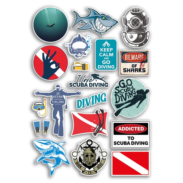 A4 Sticker Sheet Scuba Diving Vinyl Stickers - Diver Dive Beware Shark Sea Fish Ocean Addicted Love Scrapbook Travel Hobby Gift #78889