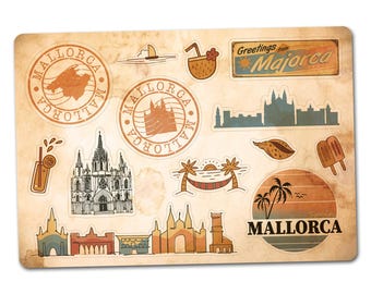 A5 Sticker Sheet Mallorca Vinyl Stickers - Spain Landmarks Retro Vintage Airport Skyline City Flag Travel Holiday Country Aesthetic #82813