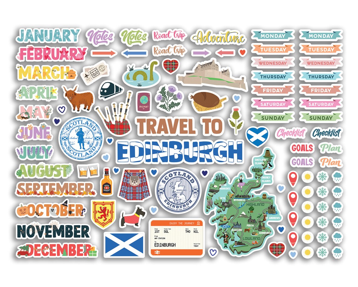 Scotland Sticker Poster A4 Sticker Sheet Edinburgh Landmarks Vinyl Stickers - Scotland Scotish ...