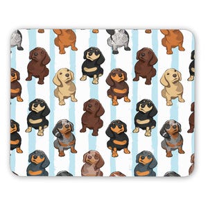 May include: A white background with blue stripes features a repeating pattern of dachshund dogs in various colours and patterns. The dogs are all facing forward with their tongues sticking out.