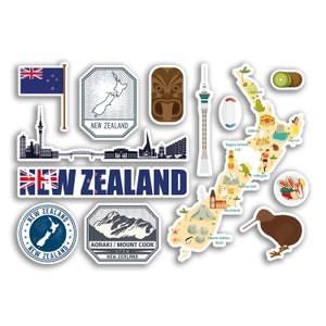 A5 Sticker Sheet New Zealand Landmarks Vinyl Stickers - Map Airport Stamps Skyline Flag Travel Holiday Culture City Aesthetic #78489