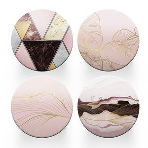 4 x Dessous de Verre Ronds Art Déco - Agate Rose Pâle Effet Marbre Ensemble Thème Femmes Maison Réchauffement Cercle Boissons Cuisine Décoration Décor Cadeau #80178