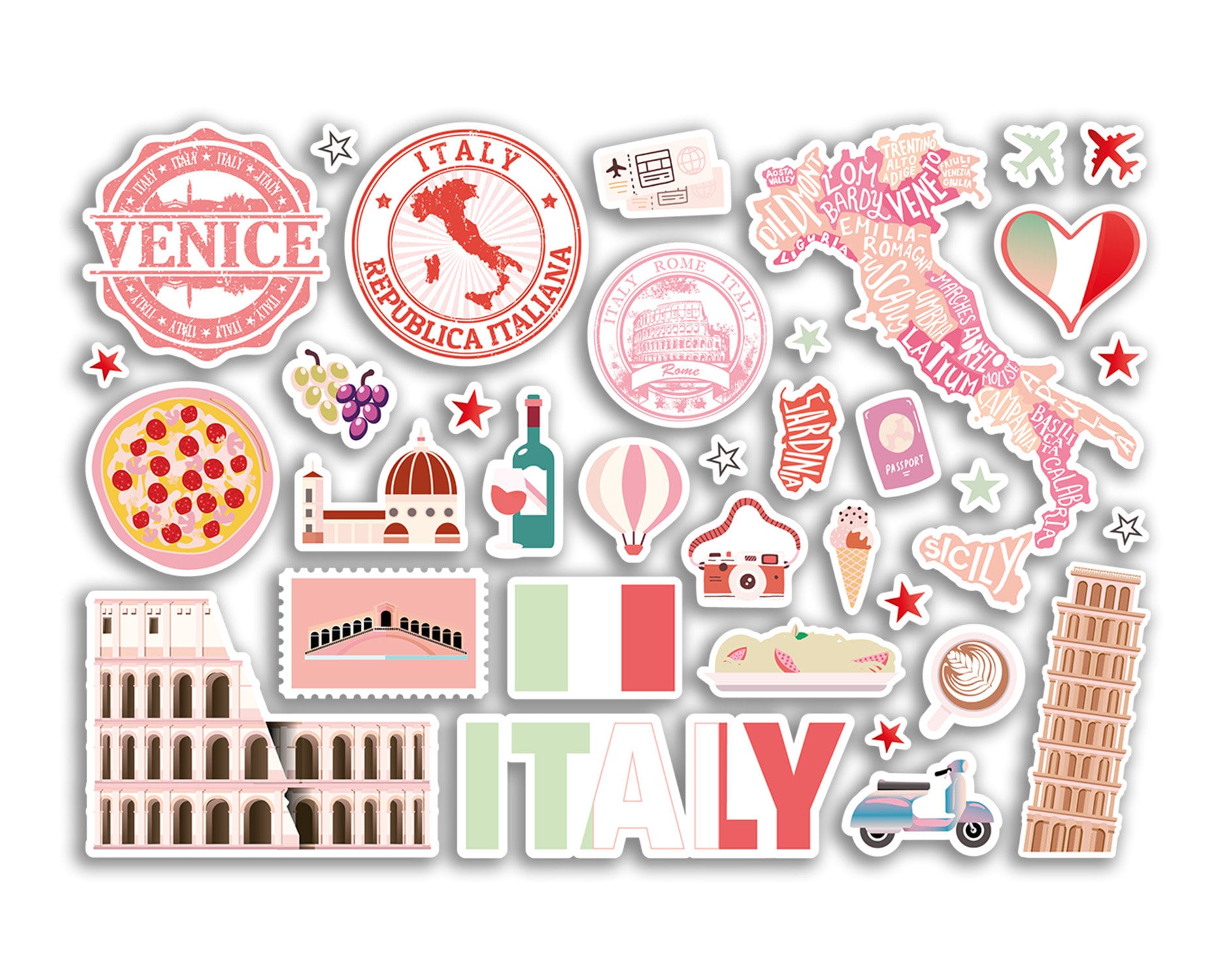 Italian Riviera Sticker A5 Sticker Sheet Italy Pink Landmarks Vinyl Stickers - Italian Rome Map ...