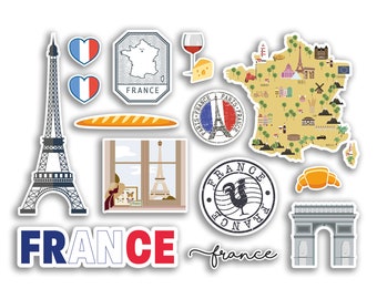 Pode incluir: Um conjunto de adesivos coloridos com vários ícones franceses, incluindo a Torre Eiffel, uma baguette, um galo, um mapa da França e o Arco do Triunfo. Os adesivos são perfeitos para adicionar um toque de charme francês aos seus pertences.