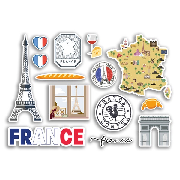 A5 Sticker Sheet France Landmarks Vinyl Stickers - French Paris Eiffel Map Airport Stamps Skyline Flag Travel Holiday City Aesthetic #77541
