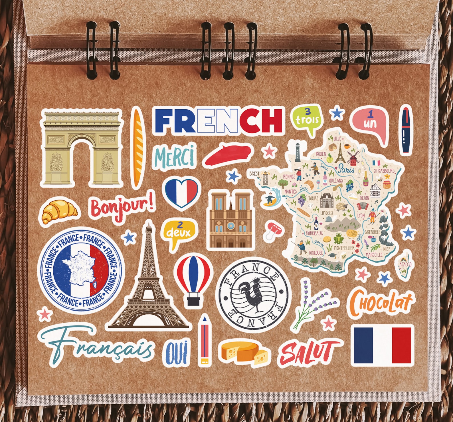 A5 Sticker Sheet French Vinyl Stickers - France School Book Flag Map ...