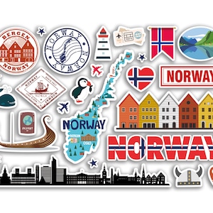 Hoja de pegatinas A5 Noruega Puntos de referencia Pegatinas de vinilo - Mapa noruego Aeropuerto Sello Skyline Bandera Viaje Vacaciones País Ciudad Estética # 80373