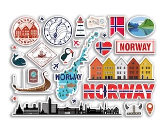 A5 Sticker Sheet Norway Landmarks Vinyl Stickers - Norwegian Map Airport Stamp Skyline Flag Travel Holiday Country City Aesthetic #80373