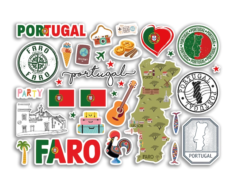 Op de afbeelding: Een set kleurrijke stickers met verschillende afbeeldingen met betrekking tot Portugal, waaronder een kaart van het land, een haan, een kompas, een gitaar en de woorden "Portugal" en "Faro".
