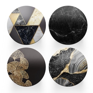 4 x sous-verres ronds Art déco - ensemble d'effet de marbre d'agate noire thème femmes cercle de réchauffement de la maison boissons cuisine décoration décor cadeau # 80175