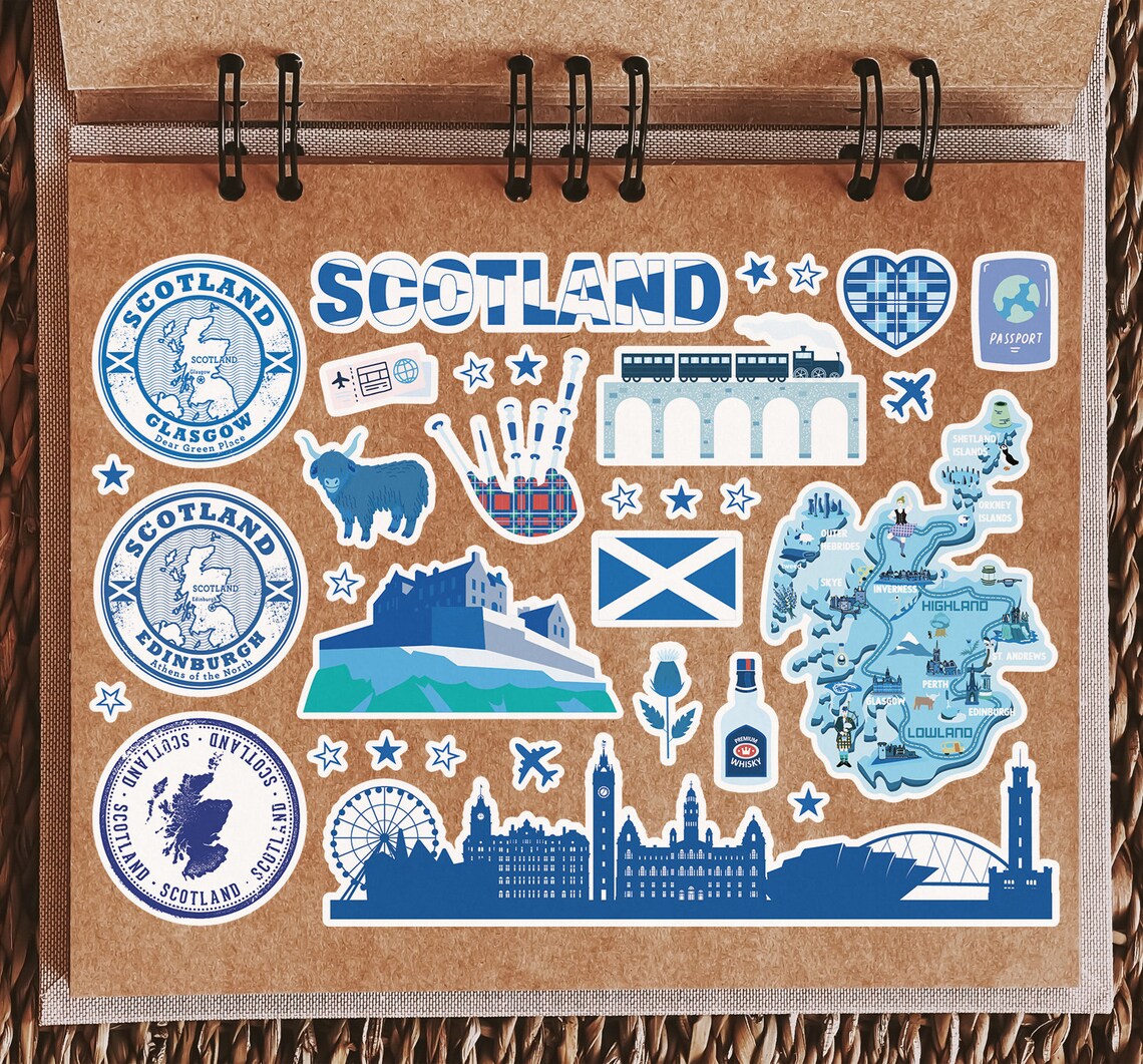 A5 Sticker Sheet Scotland Blue Landmarks Vinyl Stickers - Scottish Map ...