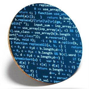 May include: A blue and white round coaster with code printed on it. The code includes the text "use_array", "replace", "sort", "word", "void", "function", "splice", "dynamicSort", "return", "var", "parse", "init_val", and "pan".