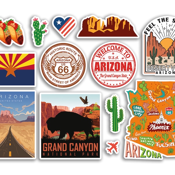 A5 Feuille d’autocollants Arizona Landmarks Autocollants en vinyle - États-Unis États-Unis États-Unis Timbres d’aéroport Skyline Flag Carte de voyage Album de vacances #79204