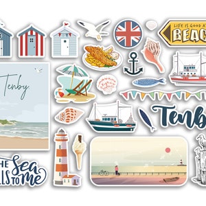 May include: A set of colourful stickers featuring beach-themed illustrations, including beach huts, a lighthouse, a fishing boat, a seagull, a seashell, a beach umbrella, a deckchair, a fish, an anchor, a flag, and the text "Tenby" and "Life is good at the beach".