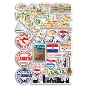 May include: A collection of colourful stickers featuring various Croatian landmarks, symbols, and text. The stickers include a map of Croatia, the Croatian flag, a heart with the Croatian flag, a welcome to Croatia stamp, a city skyline, and the words "Croatia" and "Dubrovnik".