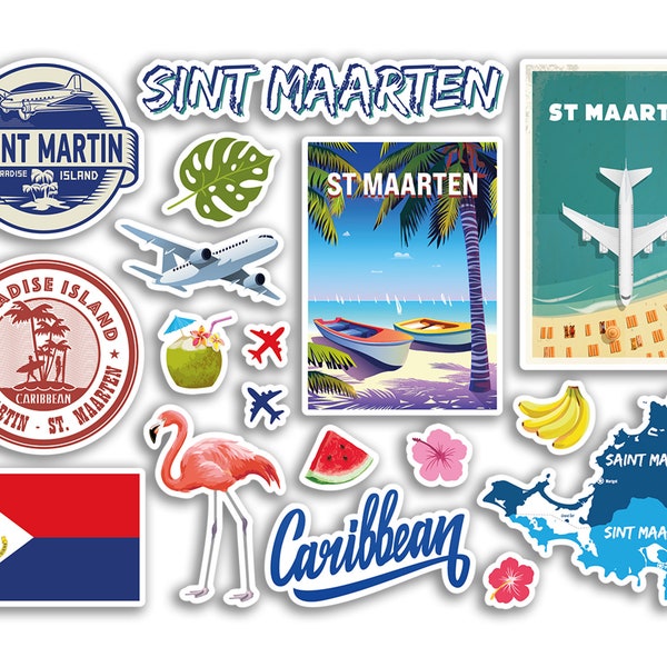 A5 Sticker Sheet St Maarten Vinyl Stickers - Saint Martin Caribbean Tropical Summer Beach Landmarks Airport Travel Holiday Scrapbook #79217