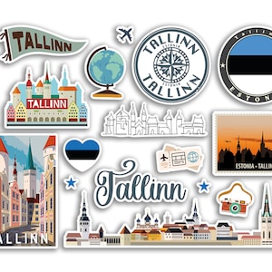 Op de afbeelding: Een set kleurrijke stickers met illustraties van Tallinn, Estland. De stickers bevatten een stadsbeeld, een globe, een hart met de Estlandse vlag, een kompas, een vintage reisposter en een postzegel met de tekst "Estland - Tallinn".