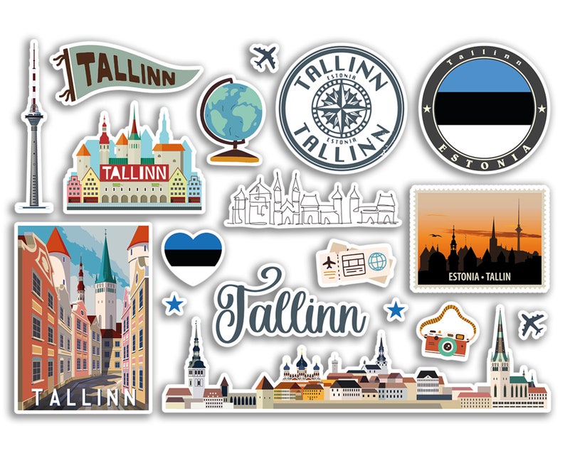 Op de afbeelding: Een set kleurrijke stickers met illustraties van Tallinn, Estland. De stickers bevatten een stadsbeeld, een globe, een hart met de Estlandse vlag, een kompas, een vintage reisposter en een postzegel met de tekst "Estland - Tallinn".