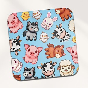 Farm Animal Square Coaster - Pig Horse Cow Rabbit Pattern Kawaii Cartoon Illustration Art Kids Boys Girls Kitchen Family Drinks Home #82017