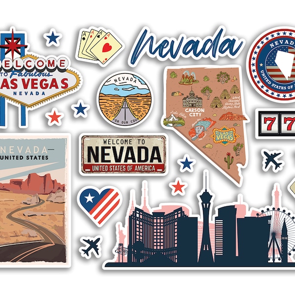 A5 Feuille d’autocollants Nevada Landmarks Autocollants en vinyle - États-Unis Amérique Vegas États Timbres d’aéroport Skyline Carte du drapeau Voyage Album de vacances #79192