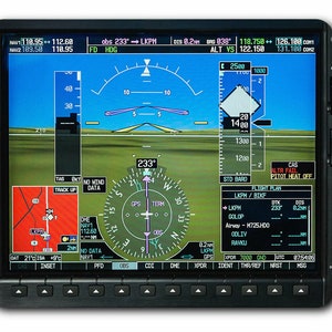 May include: A black and white cockpit display screen with a compass, altitude, and navigation information. The screen shows a heading of 233 degrees, an altitude of 1400 feet, and a distance of 0.2 nautical miles. The screen also shows the aircraft's current position and the location of the nearest airport, LKPM.