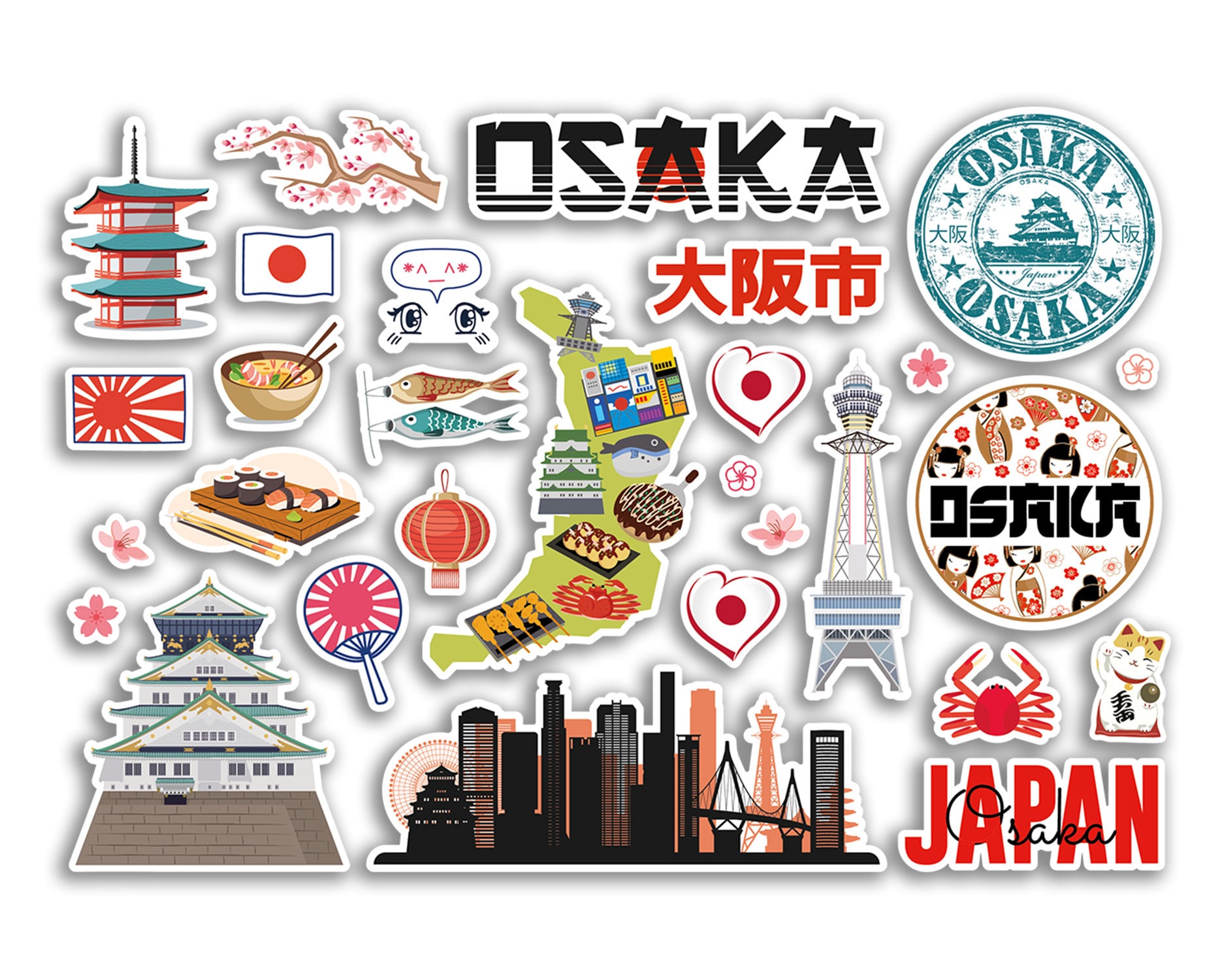 A5 Sticker Sheet Osaka Landmarks Vinyl Stickers - Japan Japanese